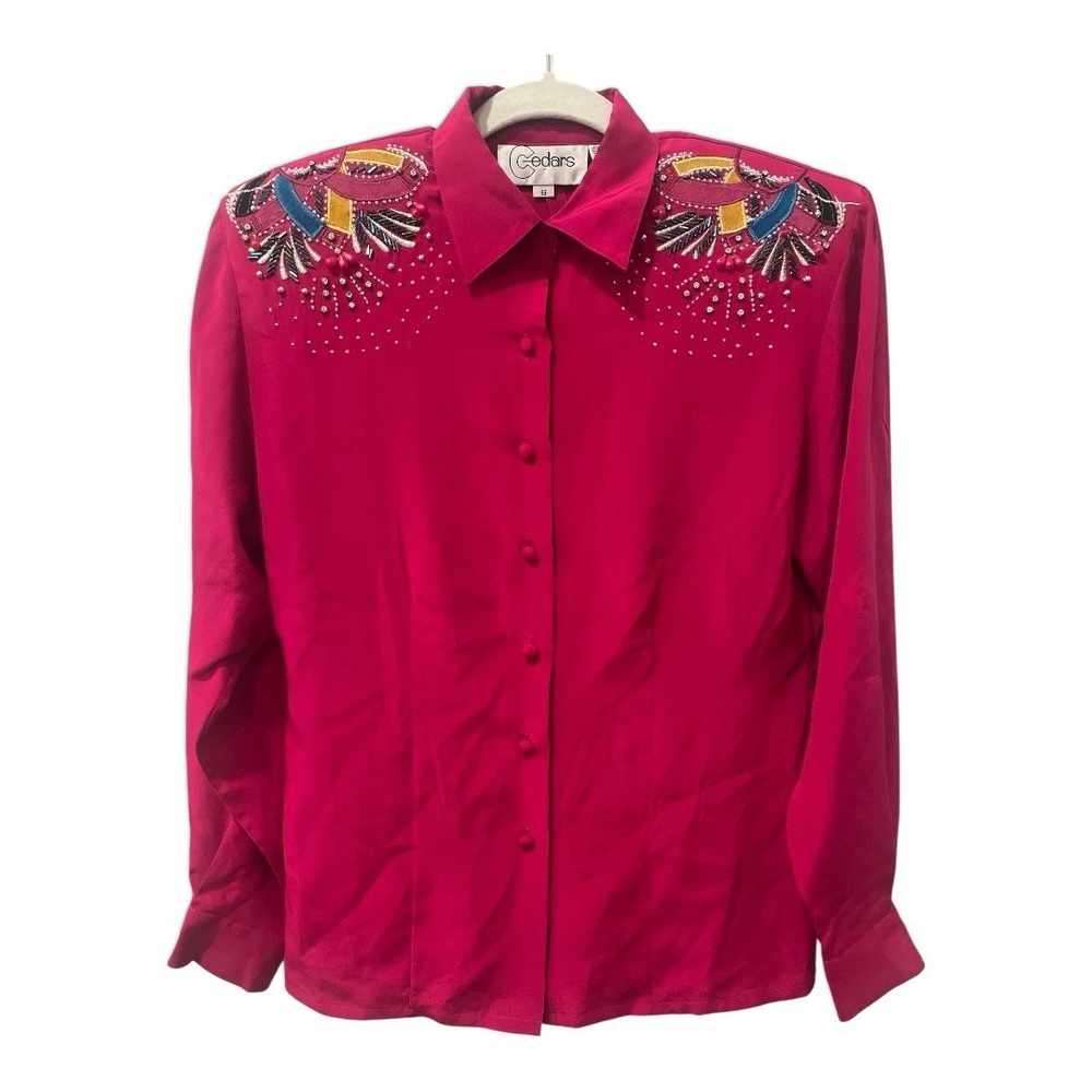 Vintage CEDARS Pink Western Silk Button Up Blouse Embellished Beaded Size 6